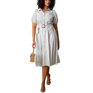LC Lauren Conrad White and Sage Striped Button-Front Midi Dress